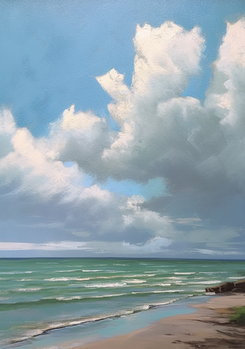 天晴晴朗蓝天白云下一望无垠的海洋海浪冲刷在沙滩上浸湿沙子,插画/手绘图,插画/手绘图库,插画/手绘图下载,插画/手绘